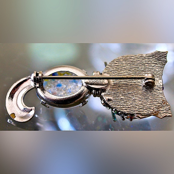 WARNER KITTY CAT BROACH MID CENTURY VINTAGE AURORA BOREALIS SPECKLED CABOCHON - Picture 7 of 8